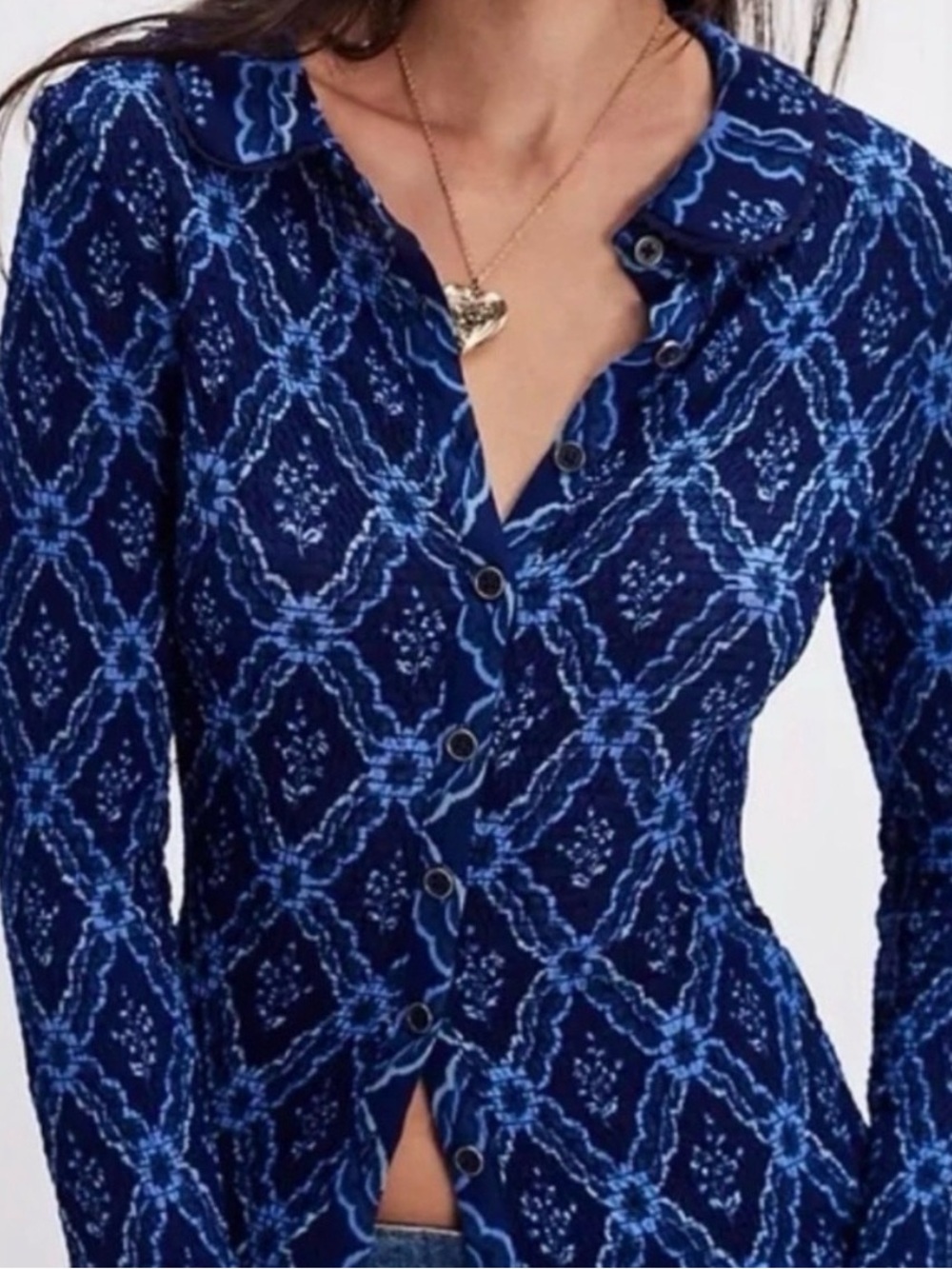 Free People Navy and Light Blue Patterned Button Down Shirt